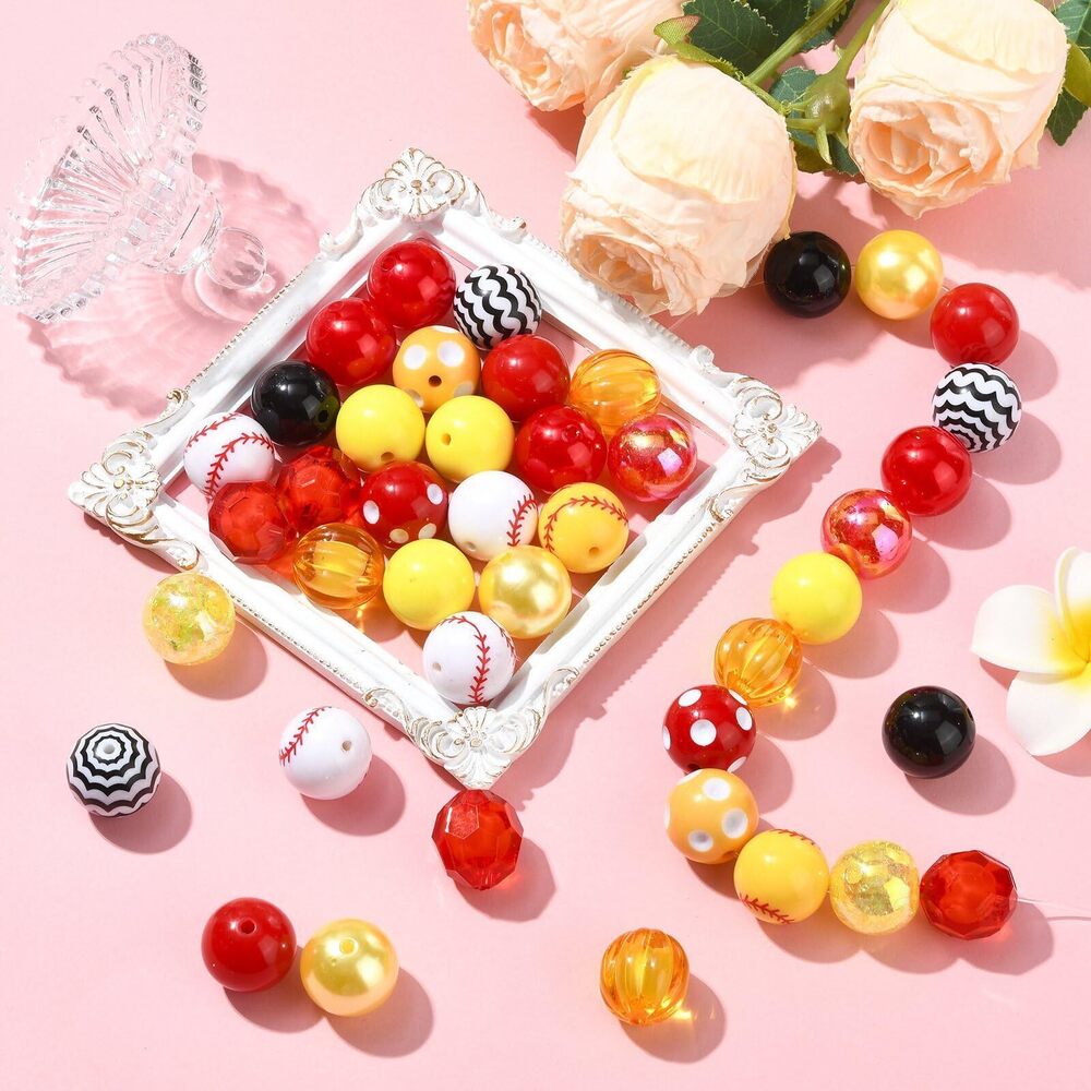8215 105pcs Random Chunky Baseball Beads Red Yellow Acrylic Round Sport View 5
